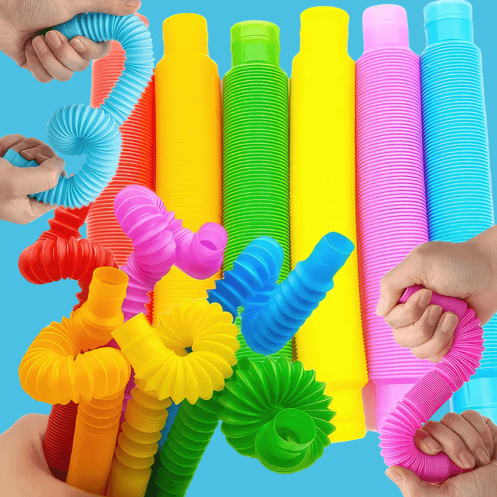 Fourteen colored pop tubes on blue background