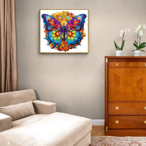 Framed butterfly puzzle mounted on a bedroom wall