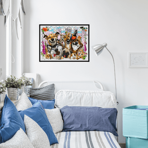 Framed cats jigsaw puzzle wall mounted over a bed with blue cushions