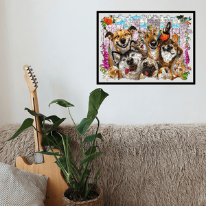 Framed dogs wooden jigsaw puzzle wall mounted over a sofa with furry cover