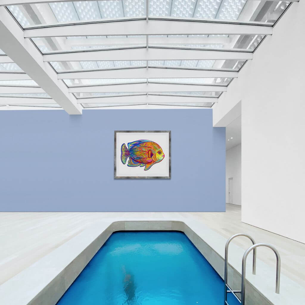 Framed fish adults puzzle mounted on a wall at the pool
