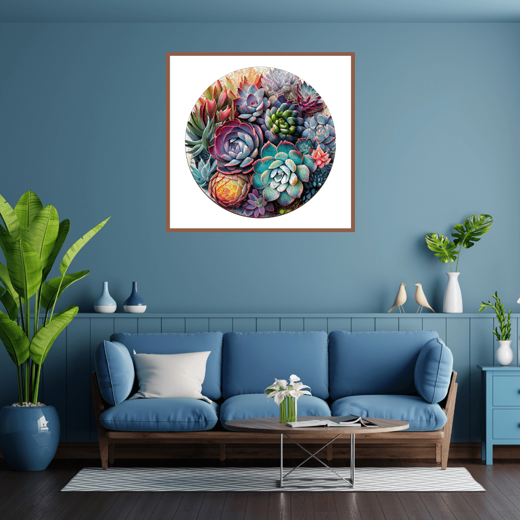 Framed-jigsaw puzzle for adults Succulent Garden mounted above a blue sofa