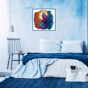 Framed owl jigsaw puzzle on a bedroom wall