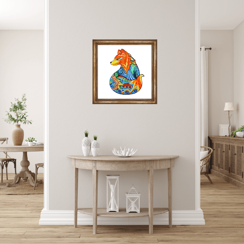 Framed wooden puzzle jigsaw fox mounted above a hallway console
