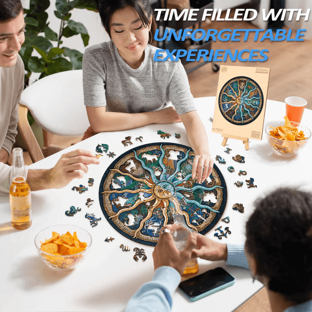 Friends doing constellations jigsaw puzzle