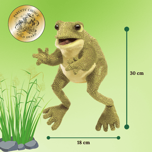 Frog hand puppet from Folkmanis info graphic on green background