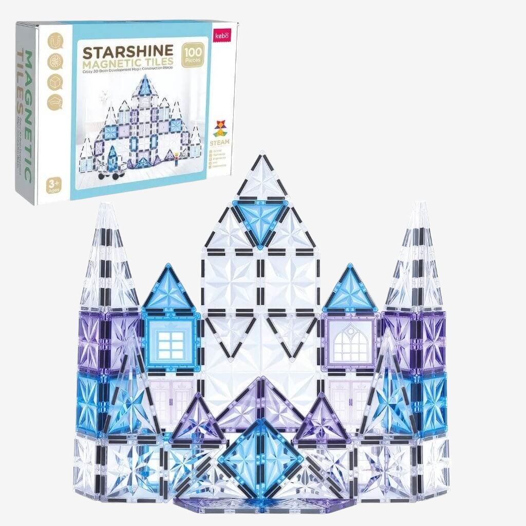 Frozen inspired magnetic tiles box and castle on white background