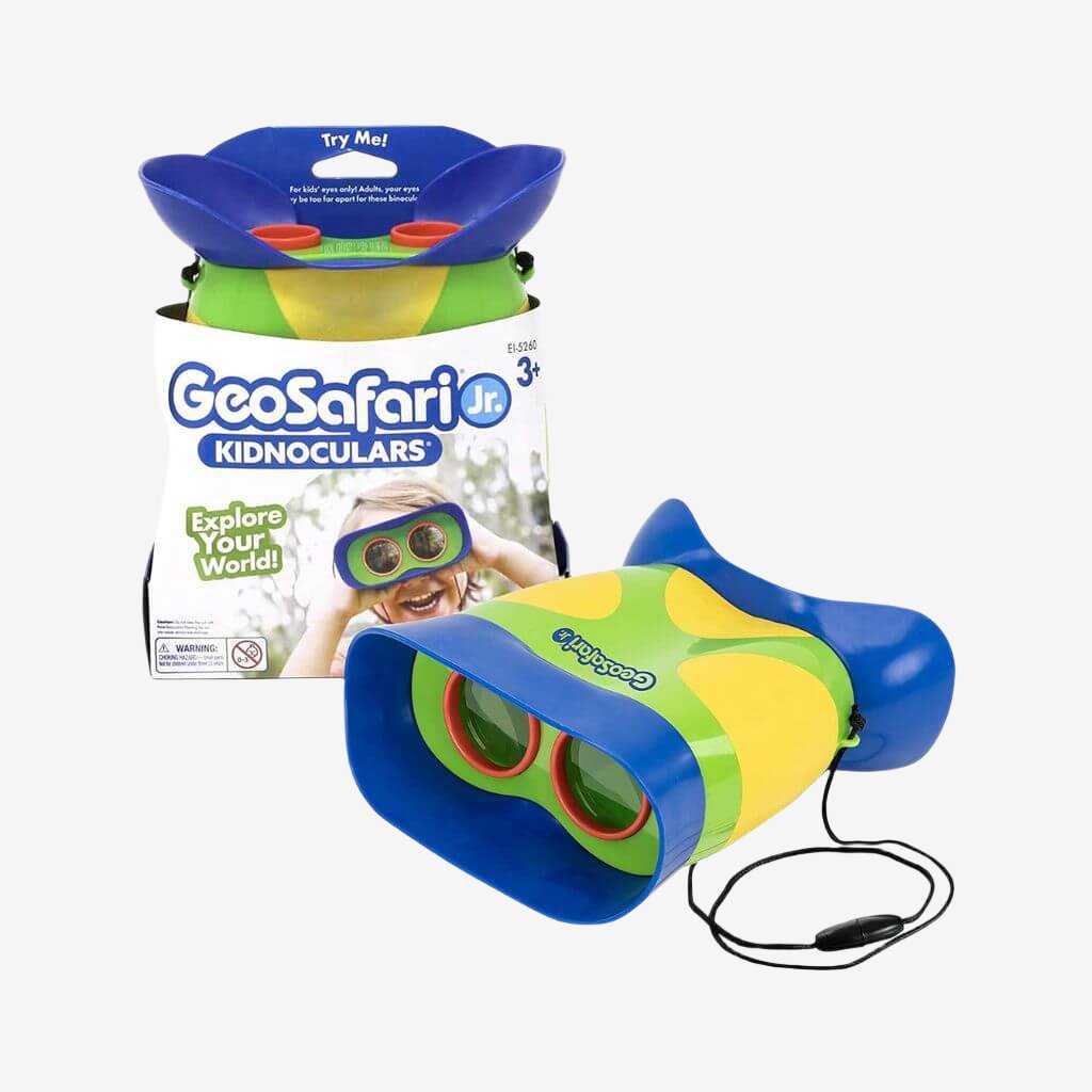 GeoSafari Kidnoculars by Educational Insights package and binoculars on white background
