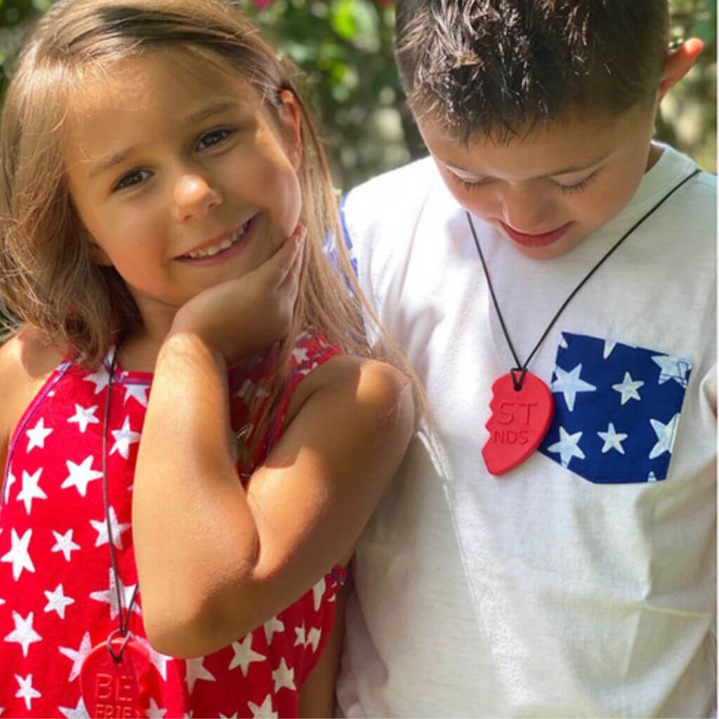 Ark Best Friends Split Heart Chewing Necklaces pink red teal blue lavender magenta on white background