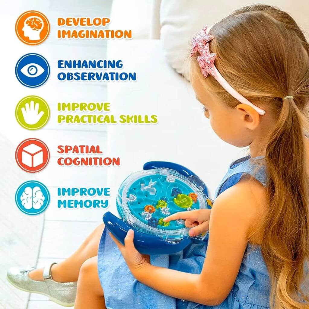 Girl playing with a gear maze