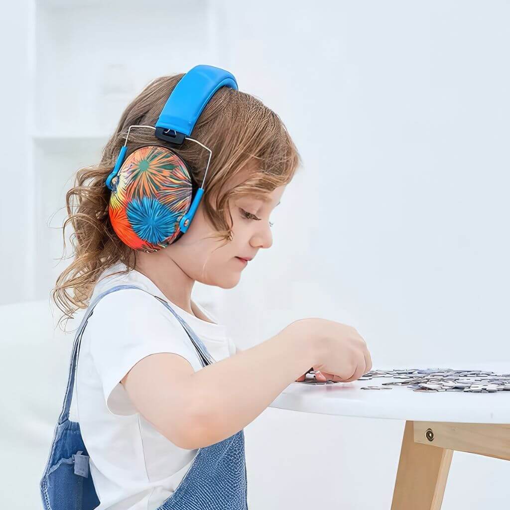 Girl wearing autism ear muffs