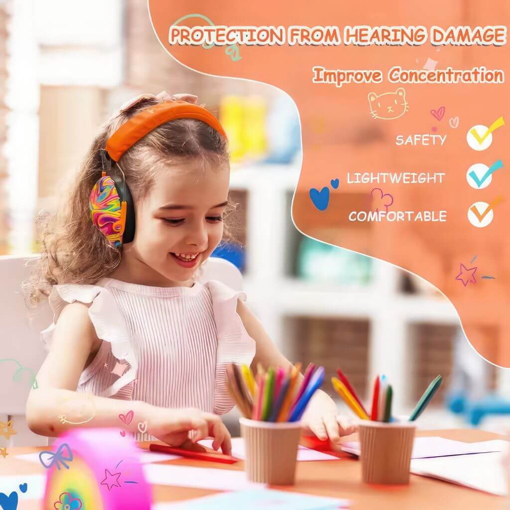 Girl wearing earmuffs while drawing