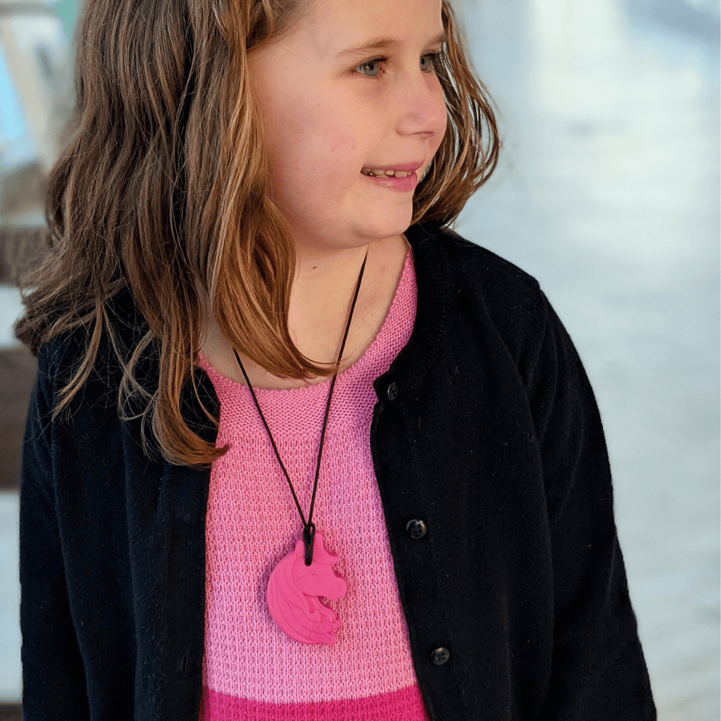 Six chewnicorn sensory-chew necklaces by Ark