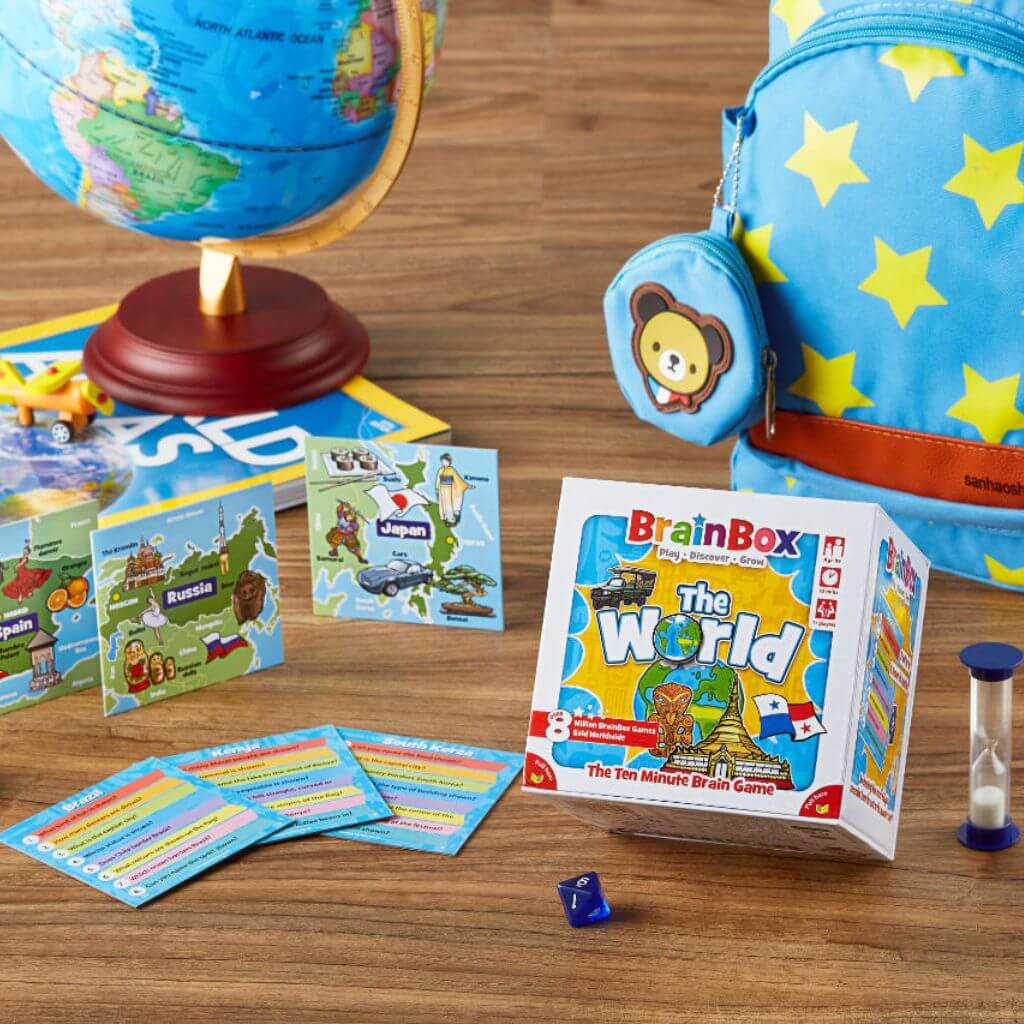 Globe and bag beside Brainbox Cities of the World 