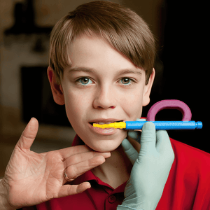 Gloved hand holding Ark's Z-Grabber with a textured Bite-n-Chew tip XL in a boy's mouth