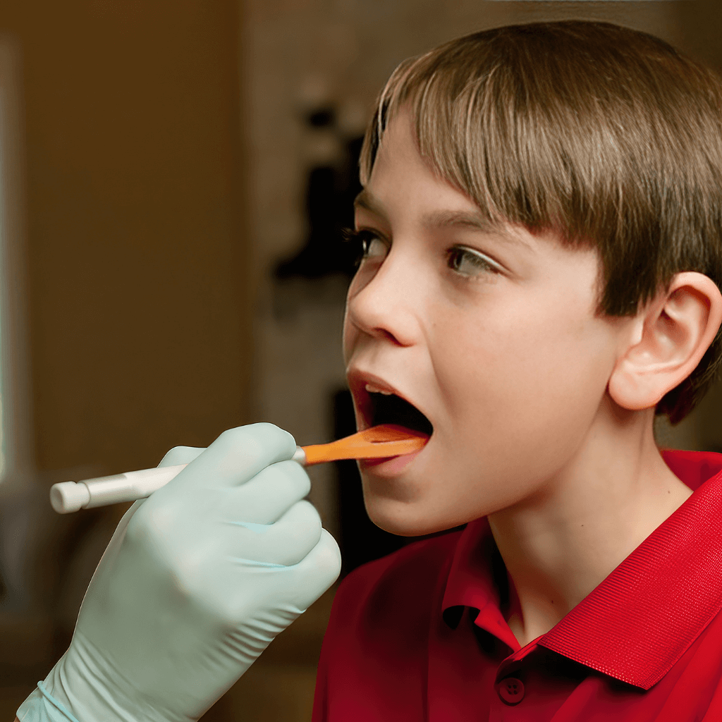 Gloved hand holding Ark Z Vibe with a tongue tip in a boy&#39;s mouth