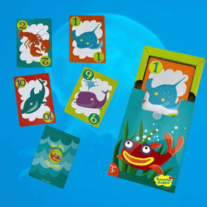 Go Fish card game for 3 people on blue background