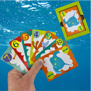 Go Fish card game for 3 year olds on blue background