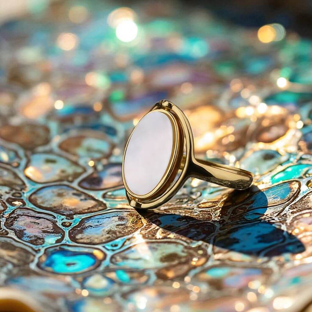 Gold shell rotating ring on a shiny surface