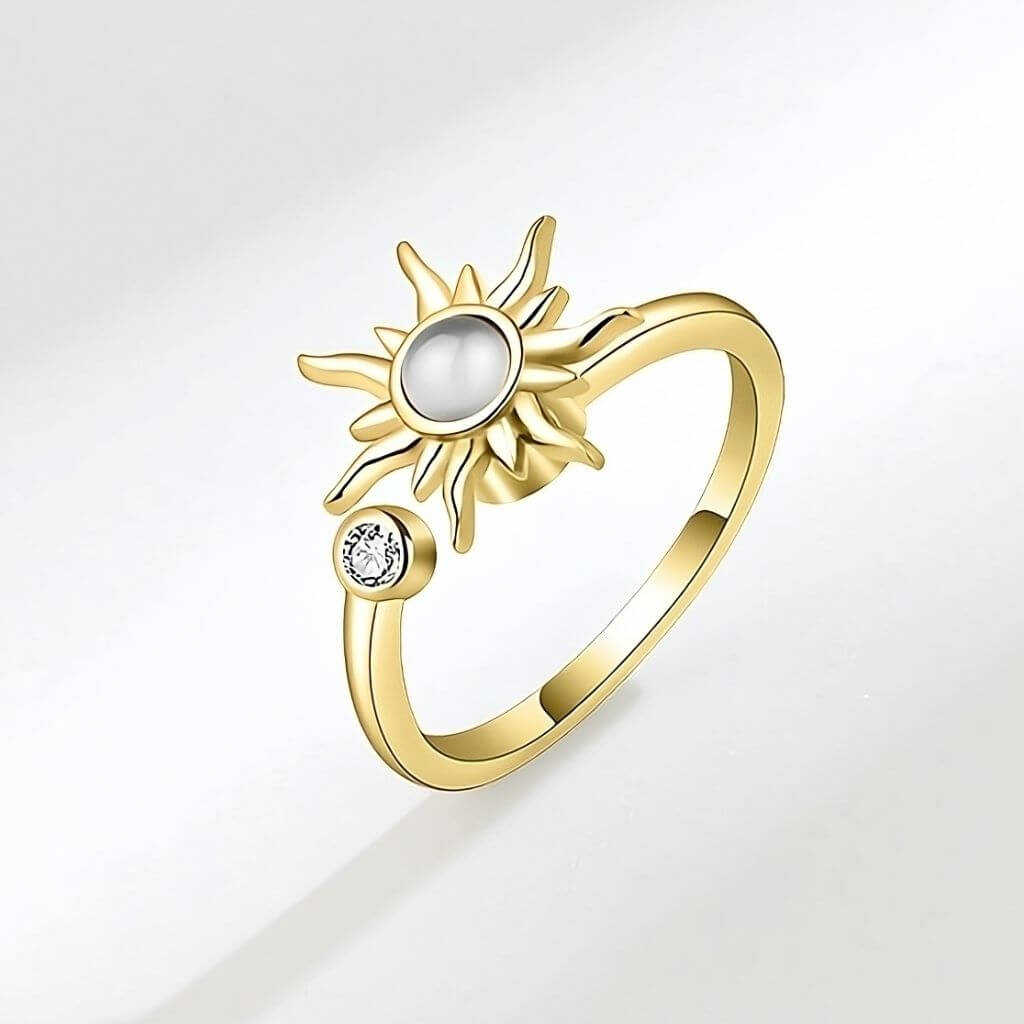 Gold sun ring adjustable on white background