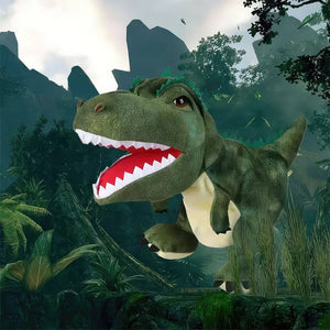 Green dinosaur hand puppet on jungle background