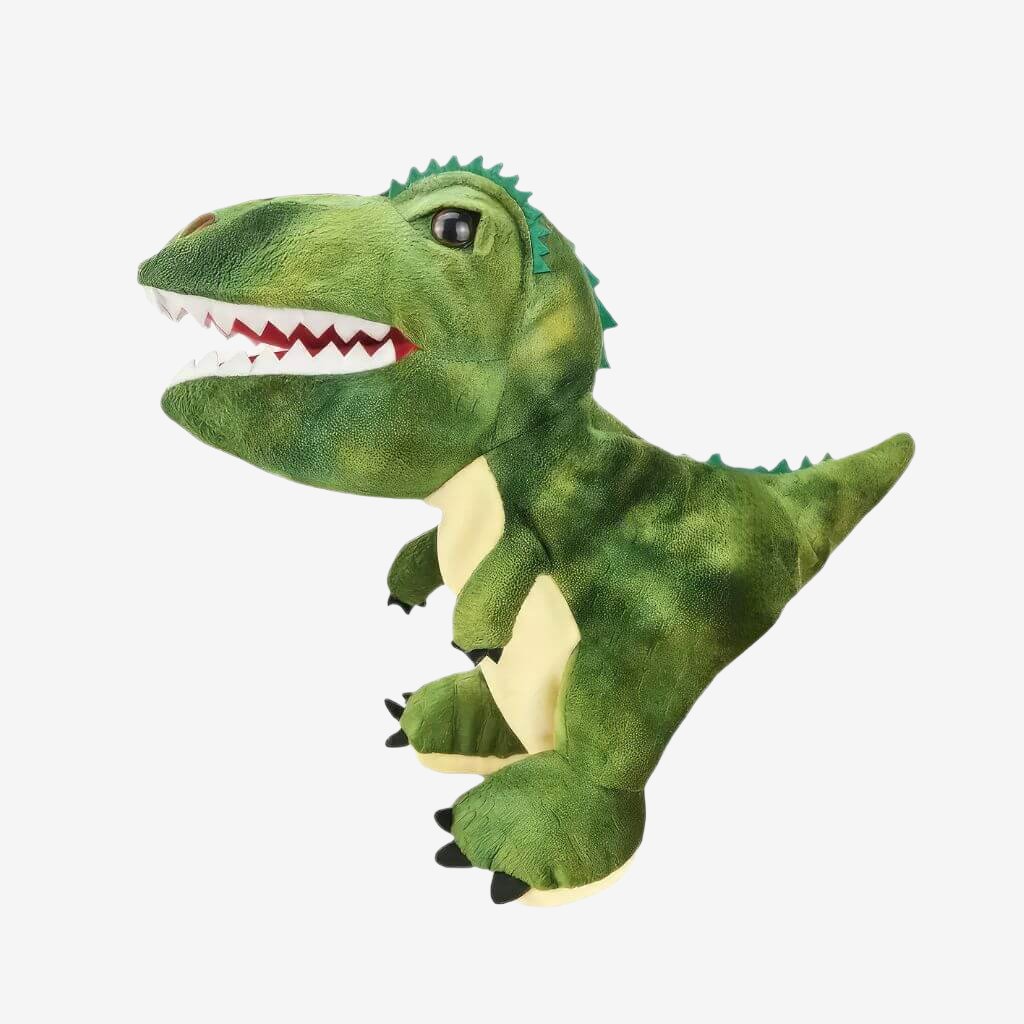 Green dinosaur hand puppet on white background