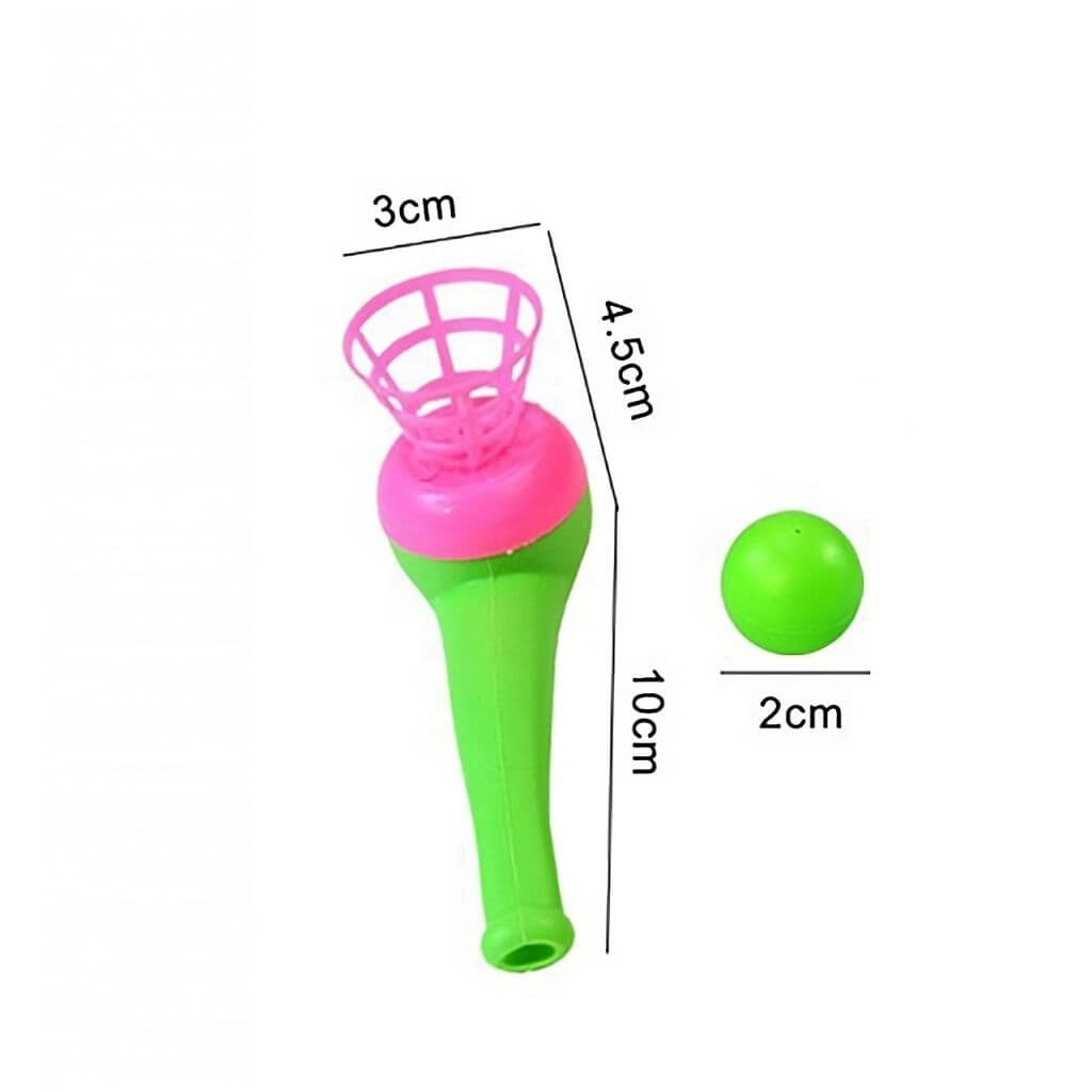 Green and pink magic ball blow pipe with dimensions on a white background
