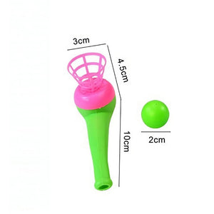Green and pink magic ball blow pipe with dimensions on a white background