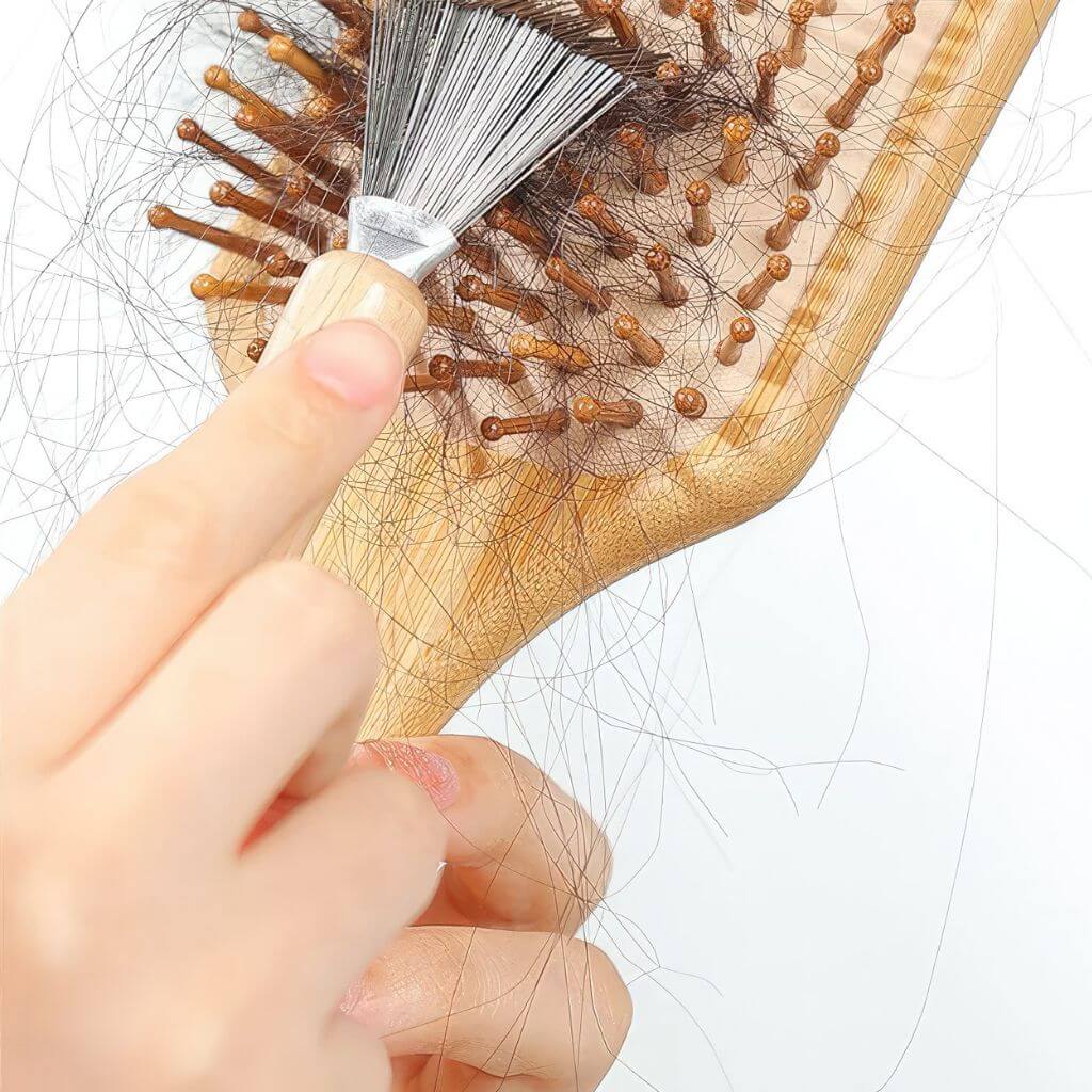 Hair brush cleaner raking a hair brush