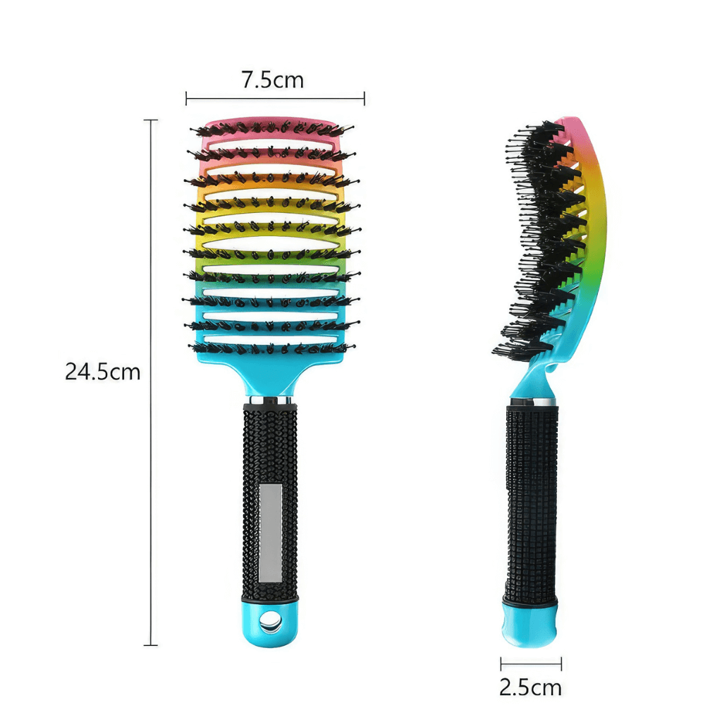 Hair brush for detangling rainbow with dimensions on white background