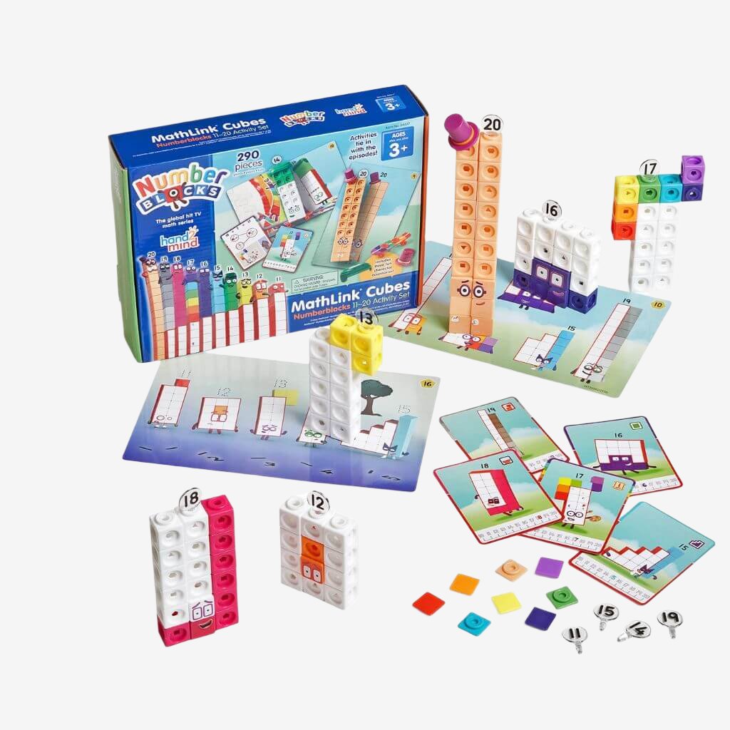 Hand two mind numberblocks mathlink cubes eleven to twenty activity set box and contents on white background
