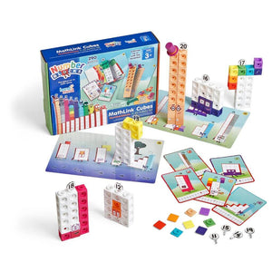 Hand two mind numberblocks mathlink cubes eleven to twenty activity set box and contents on white background