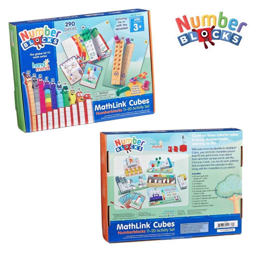 Hand two mind numberblocks mathlink cubes eleven to twenty activity set box front and back image on white background