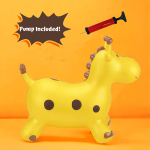 Happy Hopperz Gold Giraffe animal bouncer and pump on orange background