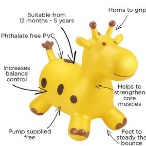 Happy Hopperz Gold Giraffe inflatable animal hopper info graphic