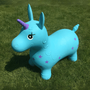 Happy Hopperz Turquoise Unicorn animal bouncer on the grass