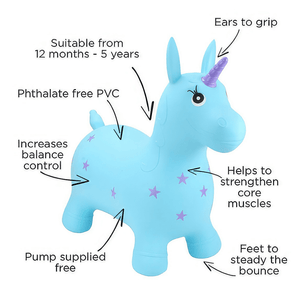 Happy Hopperz Turquoise Unicorn inflatable animal hopper info graphic