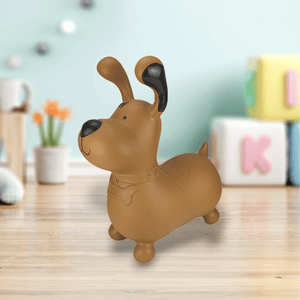 Happy Hopperz Brown Dog animal hopper on a wooden surface with blocks in background