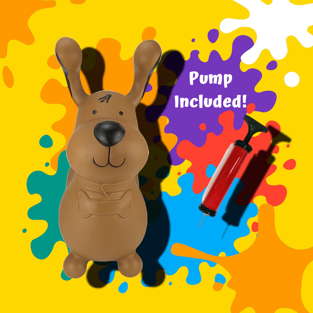 Happy Hopperz Brown Dog inflatable ride on and pump on colourful background