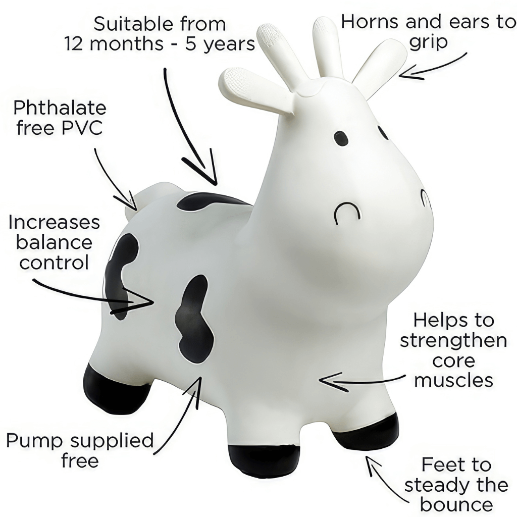 Happy Hopperz White Cow inflatable ride on info graphic