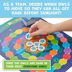 Hoot Owl Hoot cooperative game by Peaceable Kingdom game board and tokens