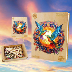 Hummingbirds adult puzzle box and contents on a morning sky background