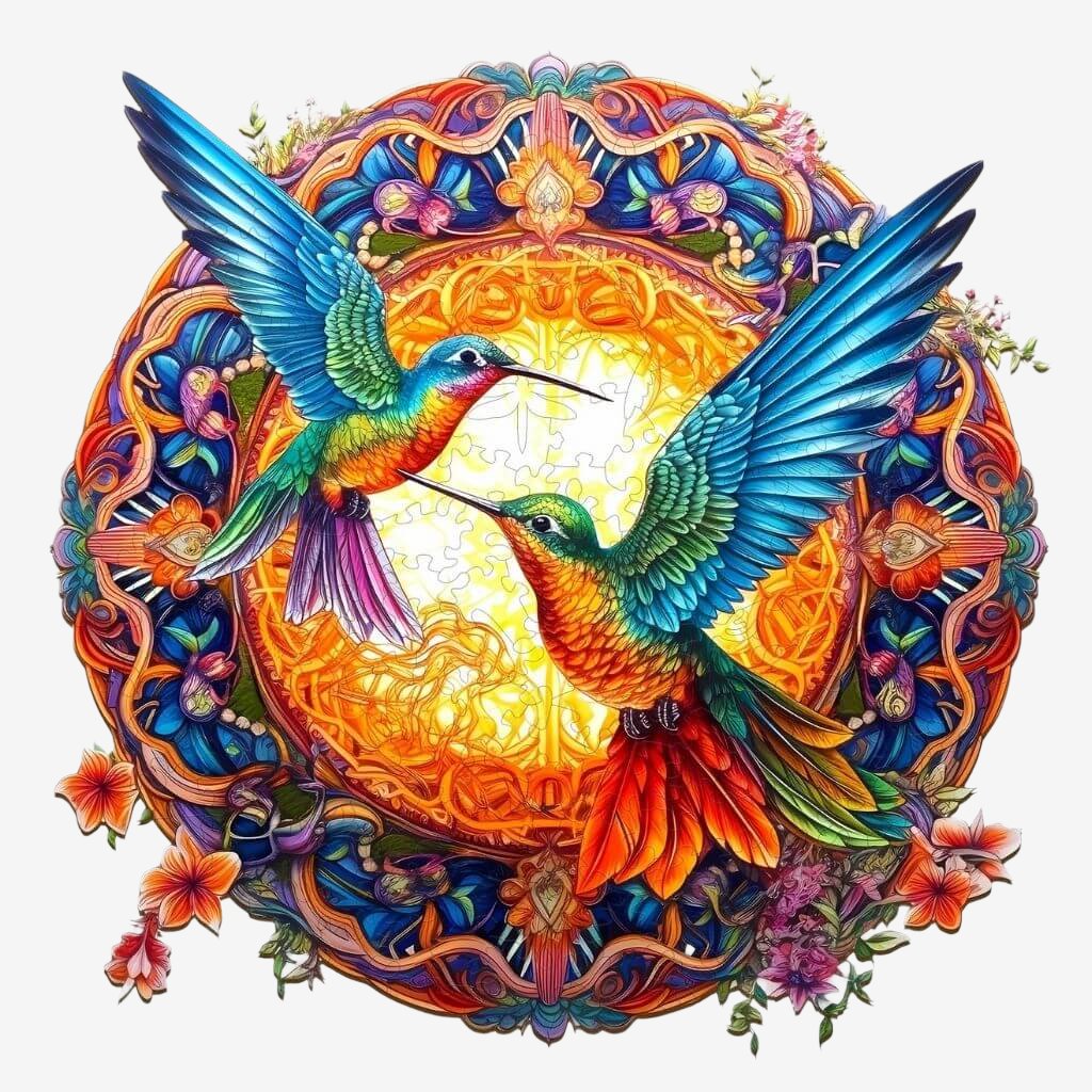 Hummingbirds round wooden puzzle on a white background
