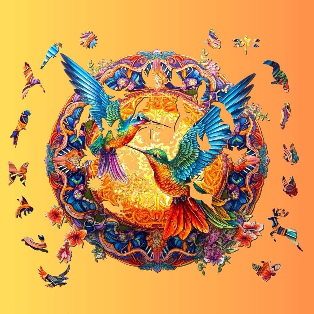 Hummingbirds wooden puzzle with animal shaped pieces on a yellow background