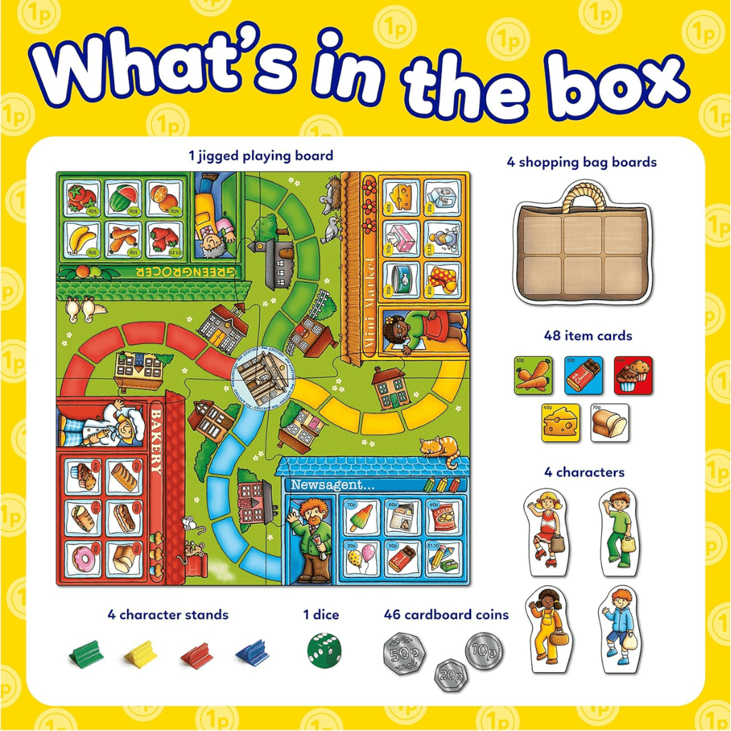 Info graphic What's in the box Pop to the Shops Game by Orchard Toys
