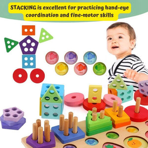 Info graphic with a caucasian baby playing with a wooden stacking toy 