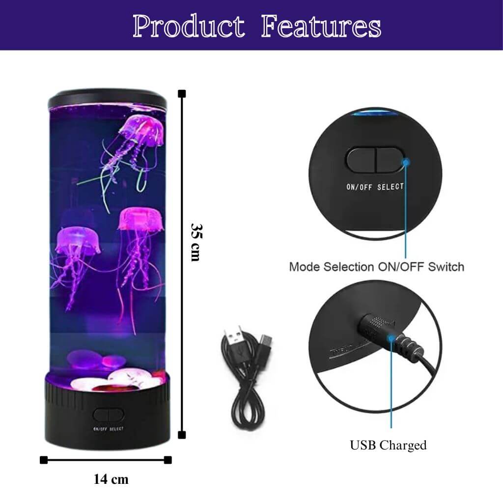 Jellyfish lamp info graphic with the product features