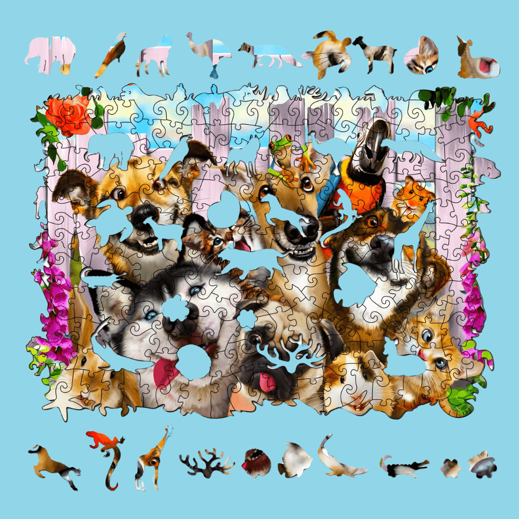 Wooden jigsaw puzzle with pets on white background