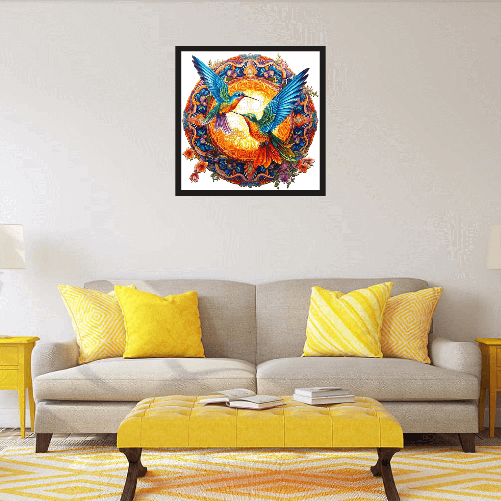 Jigsaw puzzle with hummingbirds framed on a living room wall in Australia