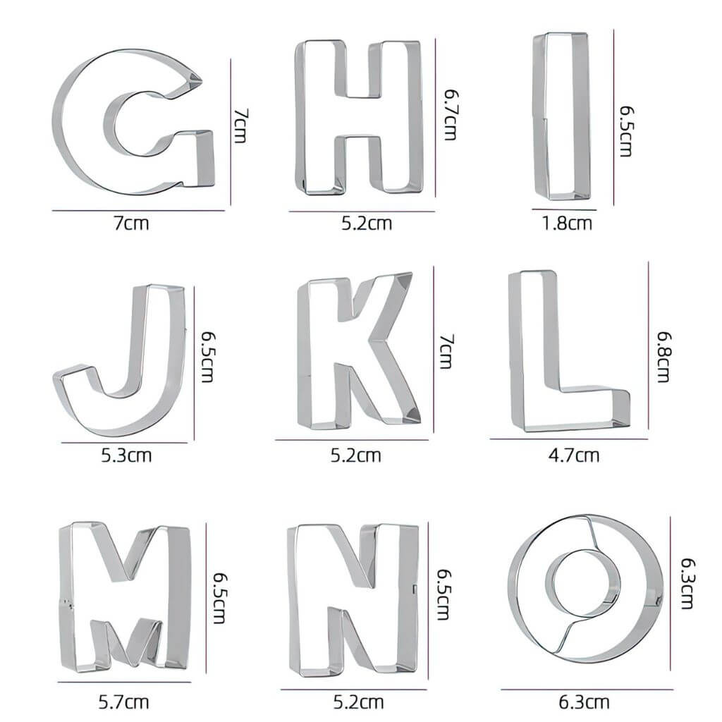 Letter cookie cutters with dimensions